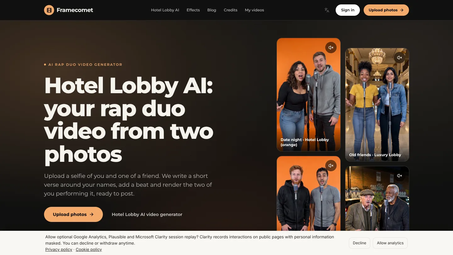 AI Rap Duo Video Generator: Hotel Lobby AI Rap From Photos screenshot 1