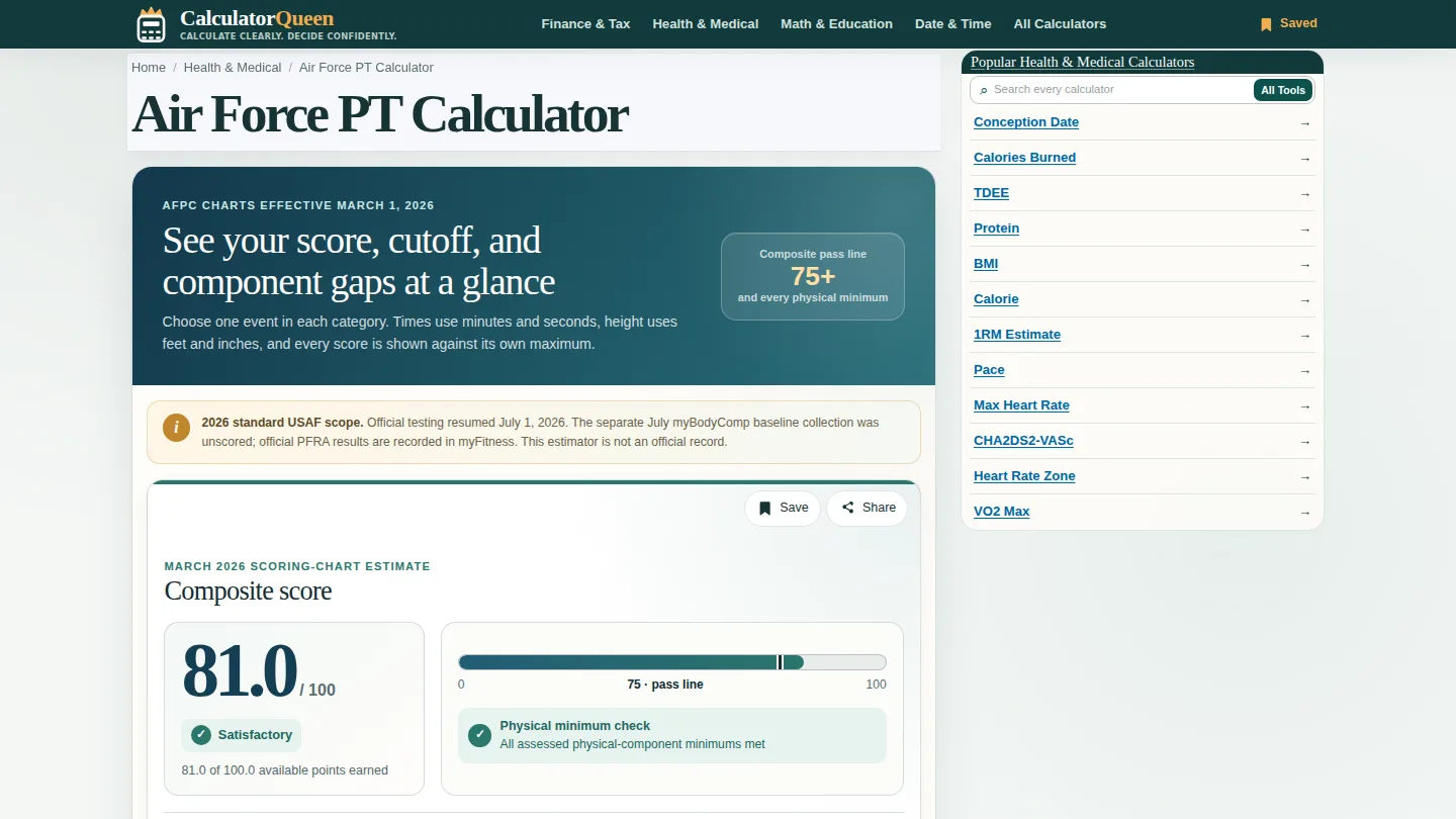 CalculatorQueen Air Force PT Calculator screenshot