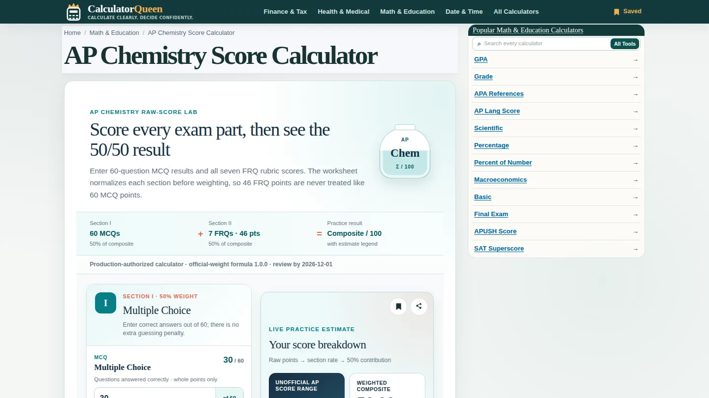 CalculatorQueen AP Chemistry Score Calculator screenshot