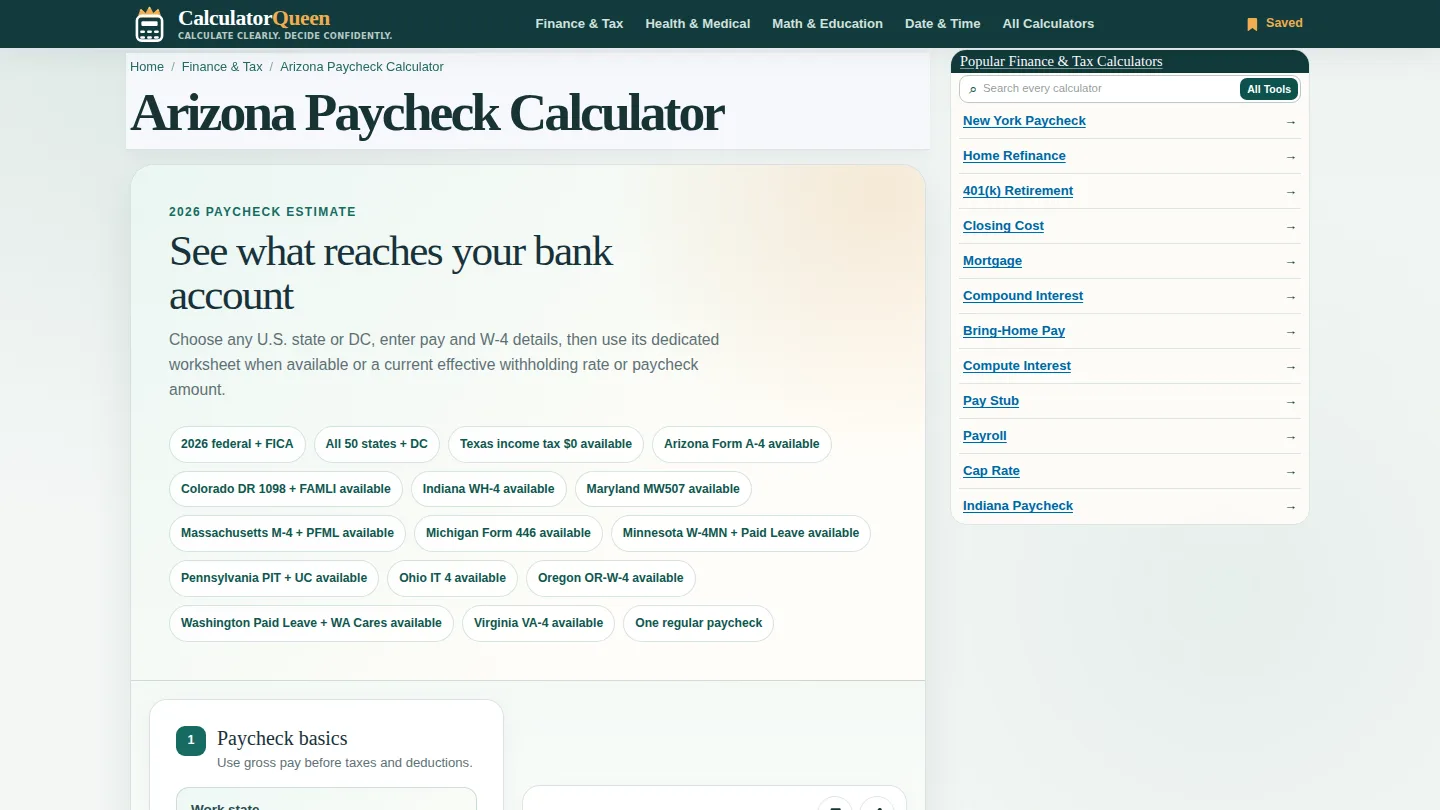 CalculatorQueen Arizona Paycheck Calculator screenshot
