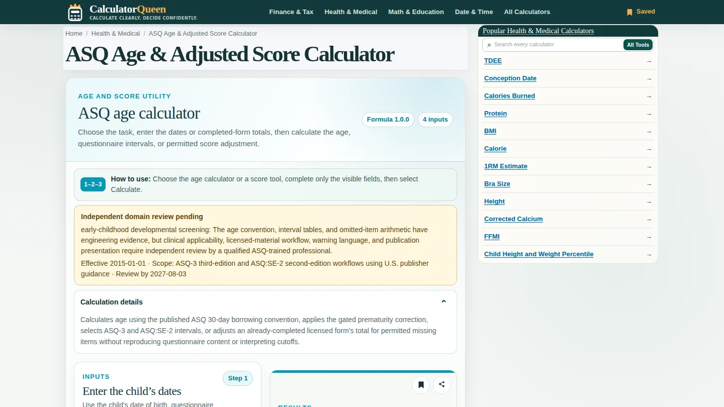 CalculatorQueen ASQ Age and Score Worksheet screenshot