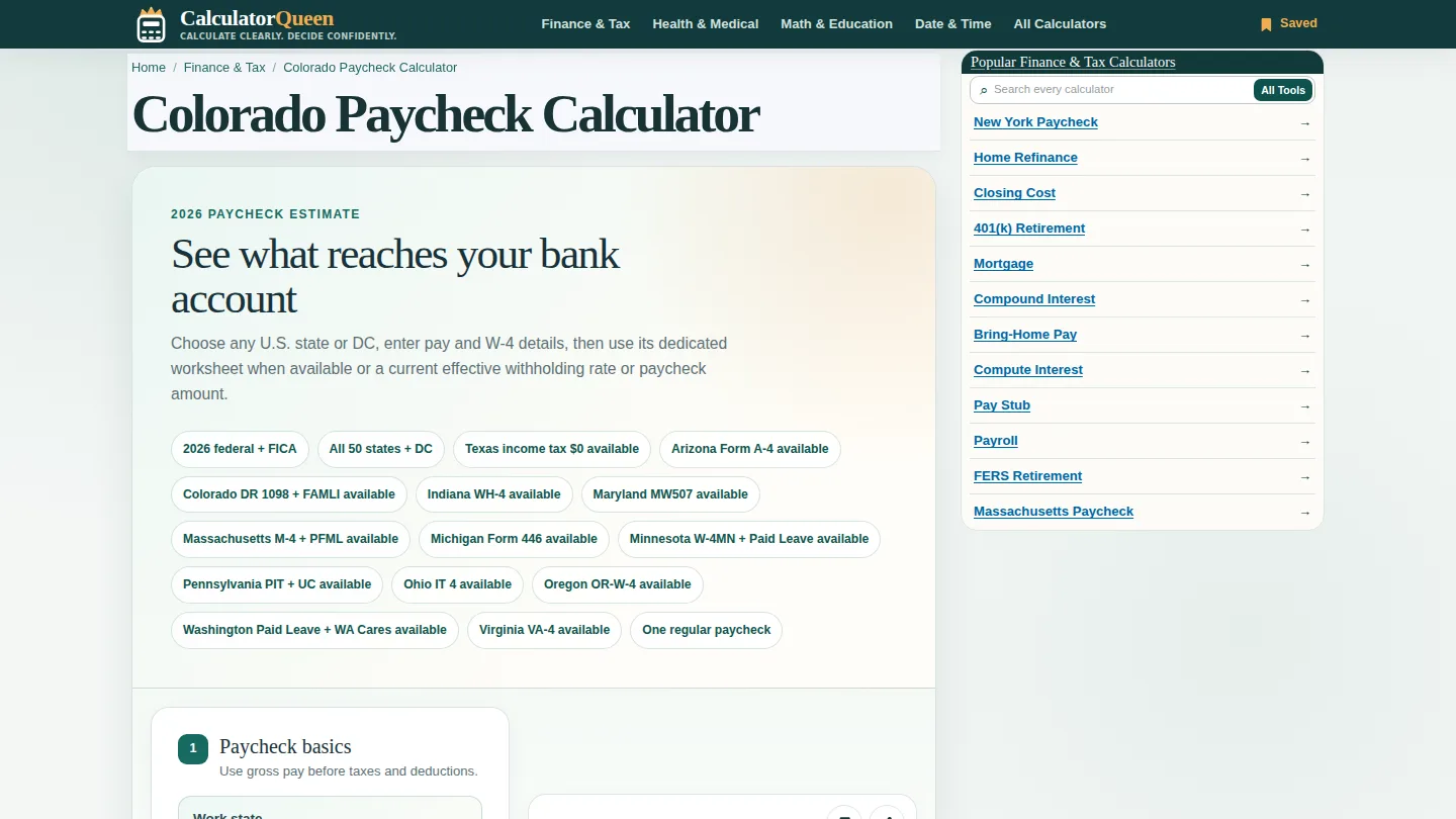CalculatorQueen Colorado Paycheck Calculator screenshot