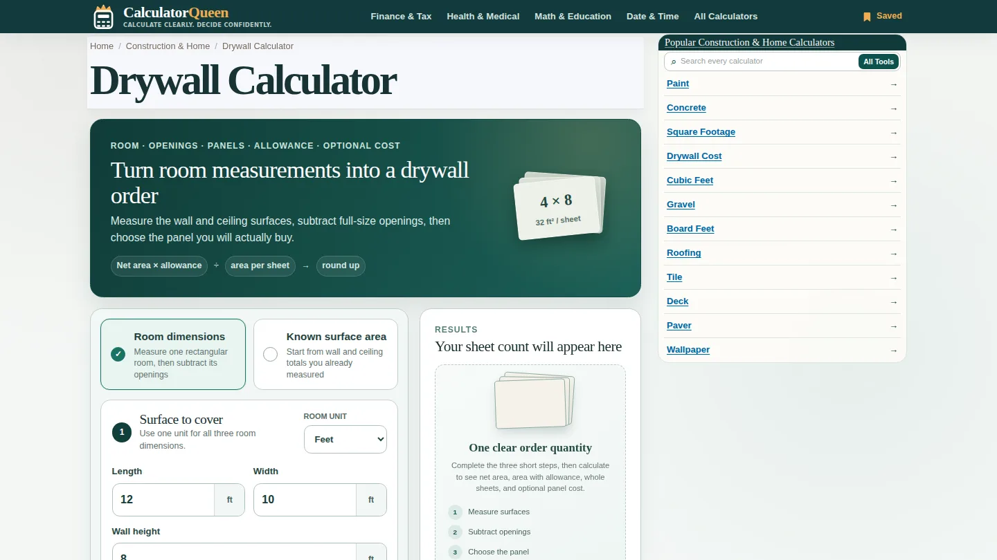 CalculatorQueen Drywall Calculator screenshot