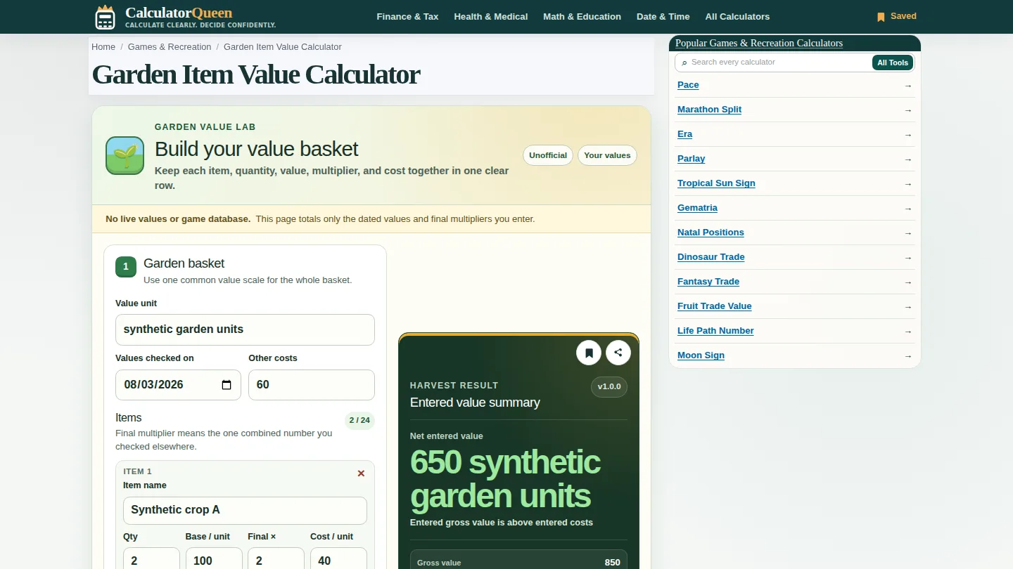 CalculatorQueen Garden Item Value Calculator screenshot