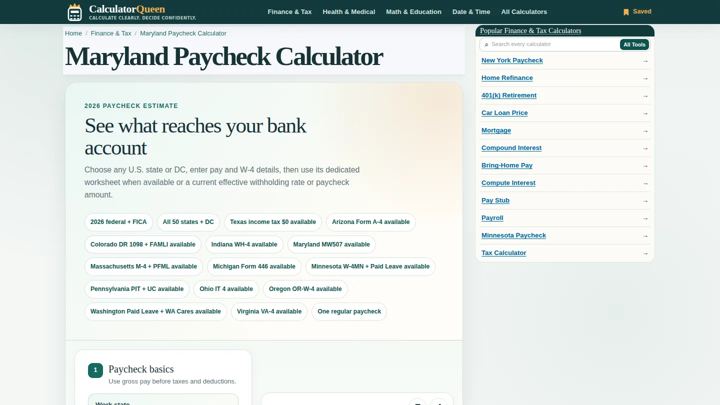 CalculatorQueen Maryland Paycheck Calculator screenshot