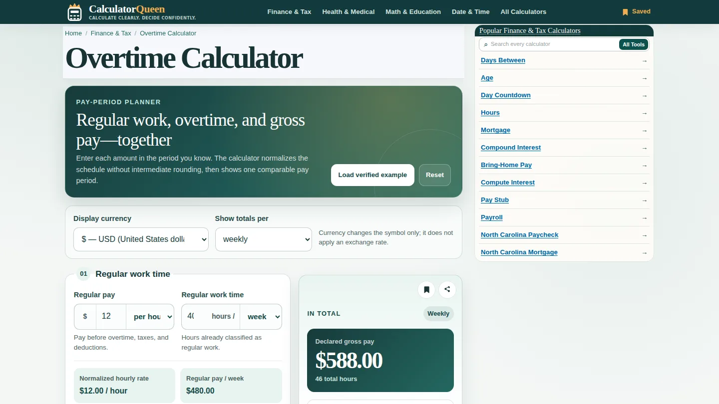 CalculatorQueen Overtime Calculator screenshot
