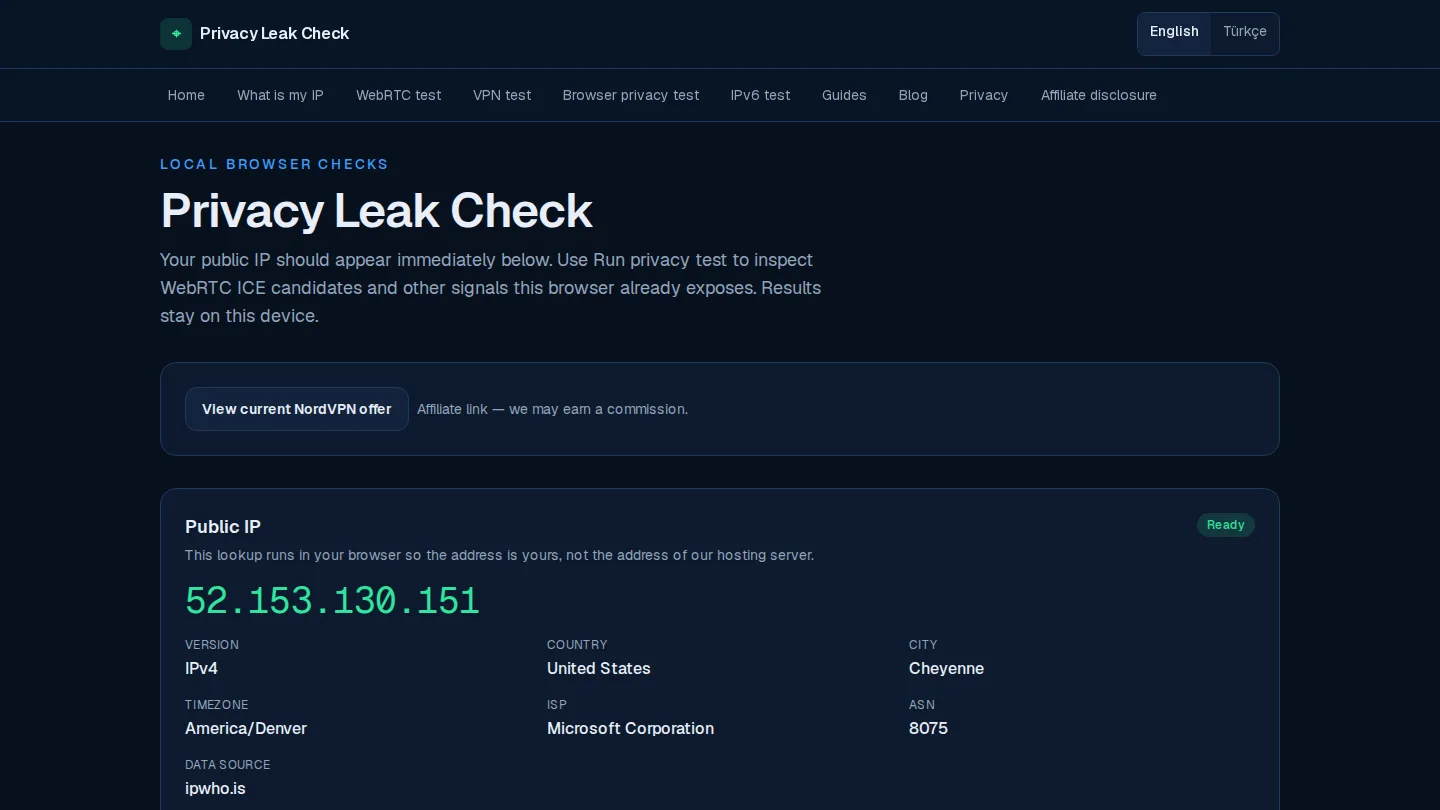 Check your public IP and browser privacy signals · Privacy Leak Check screenshot