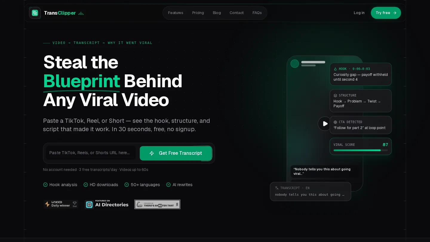TransClipper - Turn Viral Video Into Proven Content Ideas screenshot